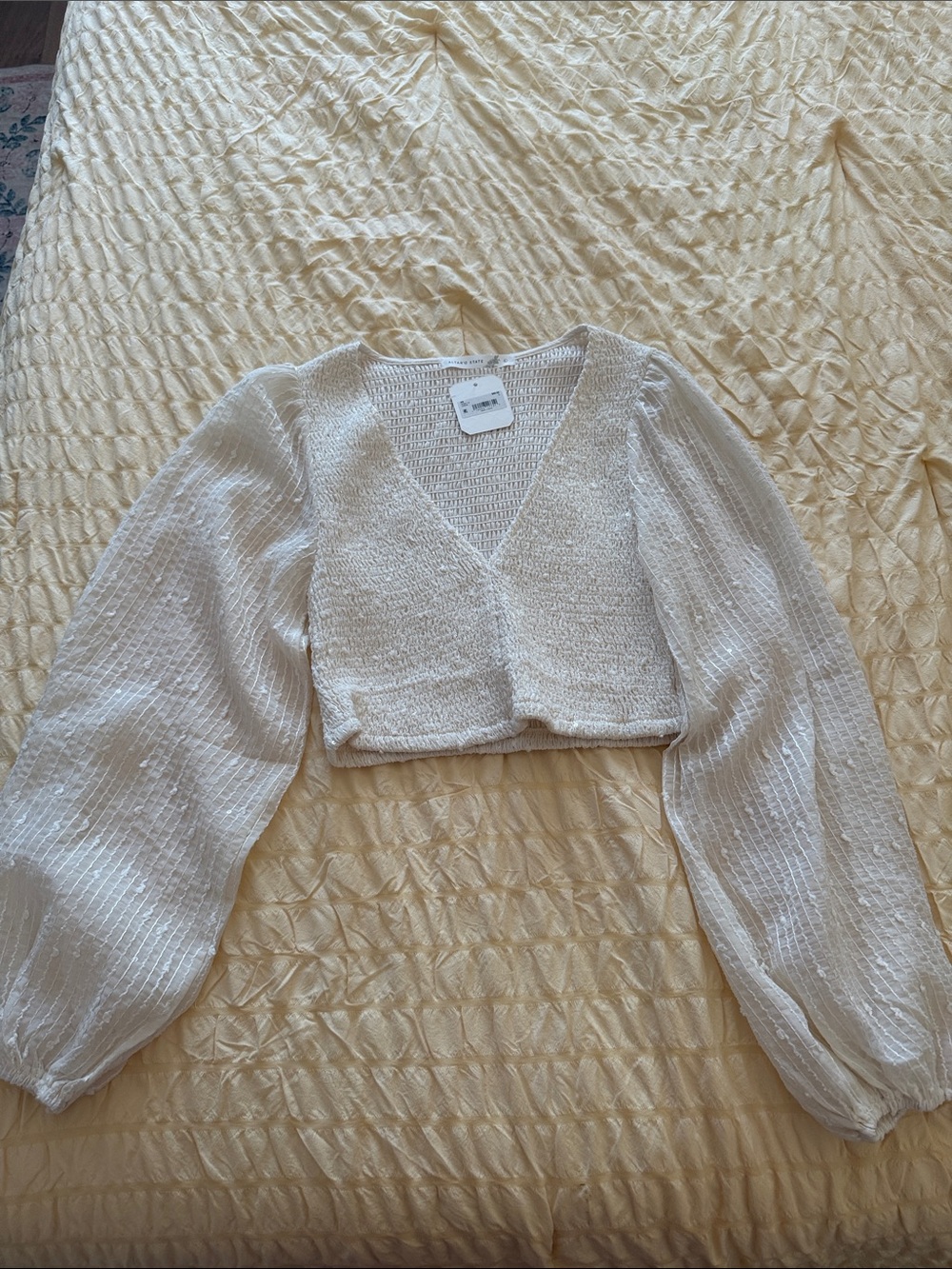 Altar’d State Ivory Knit Balloon-Sleeve Blouse